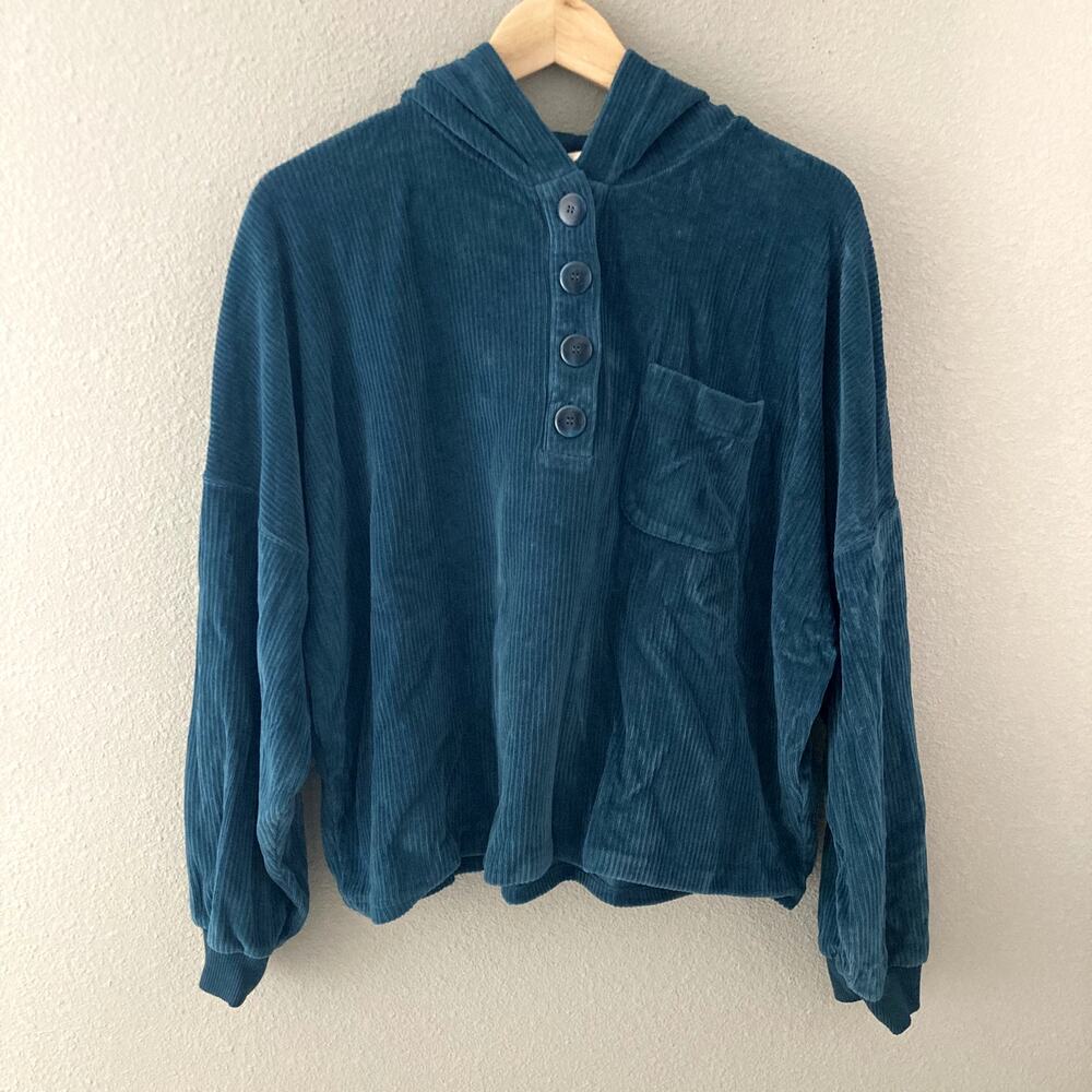 Sezane Anatole Sweatshirt Velour Corduroy Hood Teal Blue XXL - Picture 2 of 9